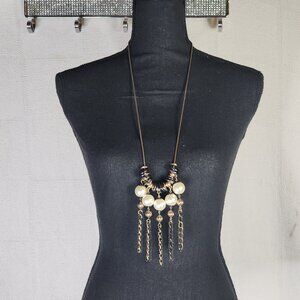 Chico's Copper Black White Mixed Metal Ring Faux Pearl Tassel 31" Snake Necklace